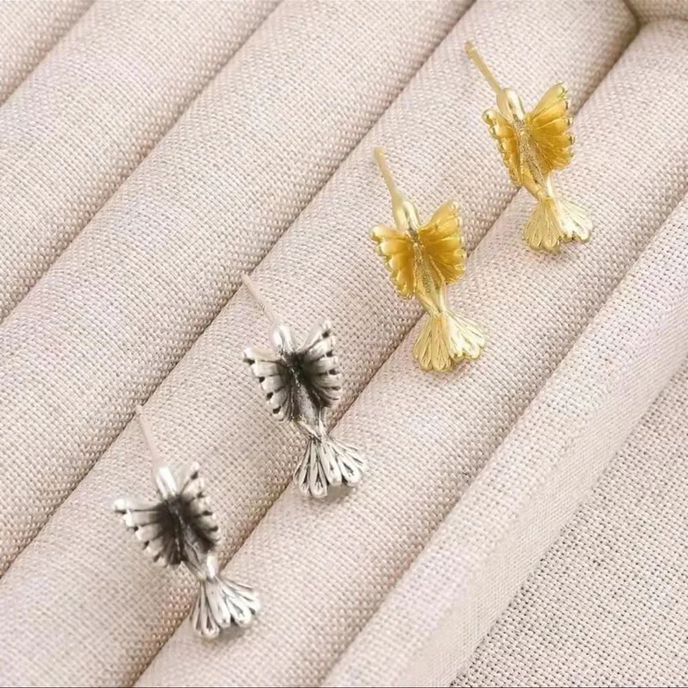 Hummingbird Silver Tone Stud Earrings